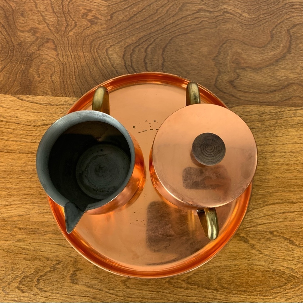 Copral Copper Brass Creamer Sugar Bowl Tray Set Made In Portugal Vtg Mixed Metal - Picture 5 of 11